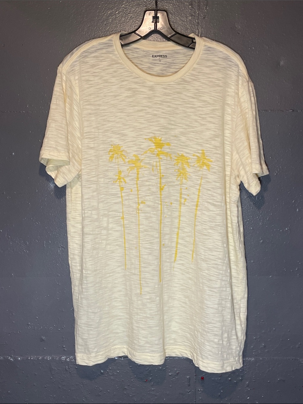 Express Men’s Light Yellow Short-Sleeve Tee with Yellow Palm Graphic